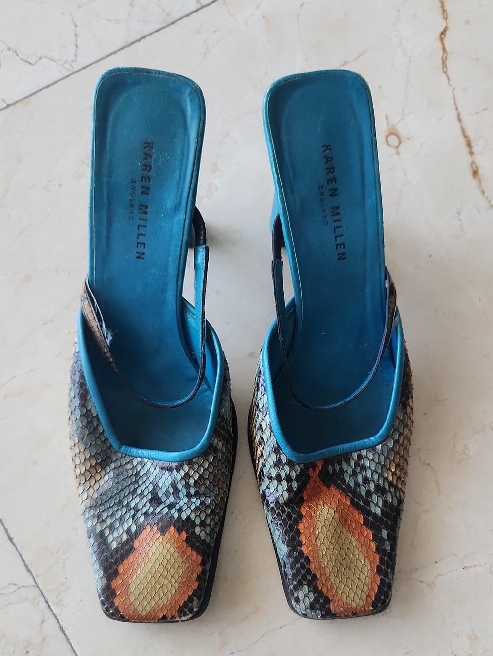 Karen Millen Teal Snake-Print Slip-On Mules